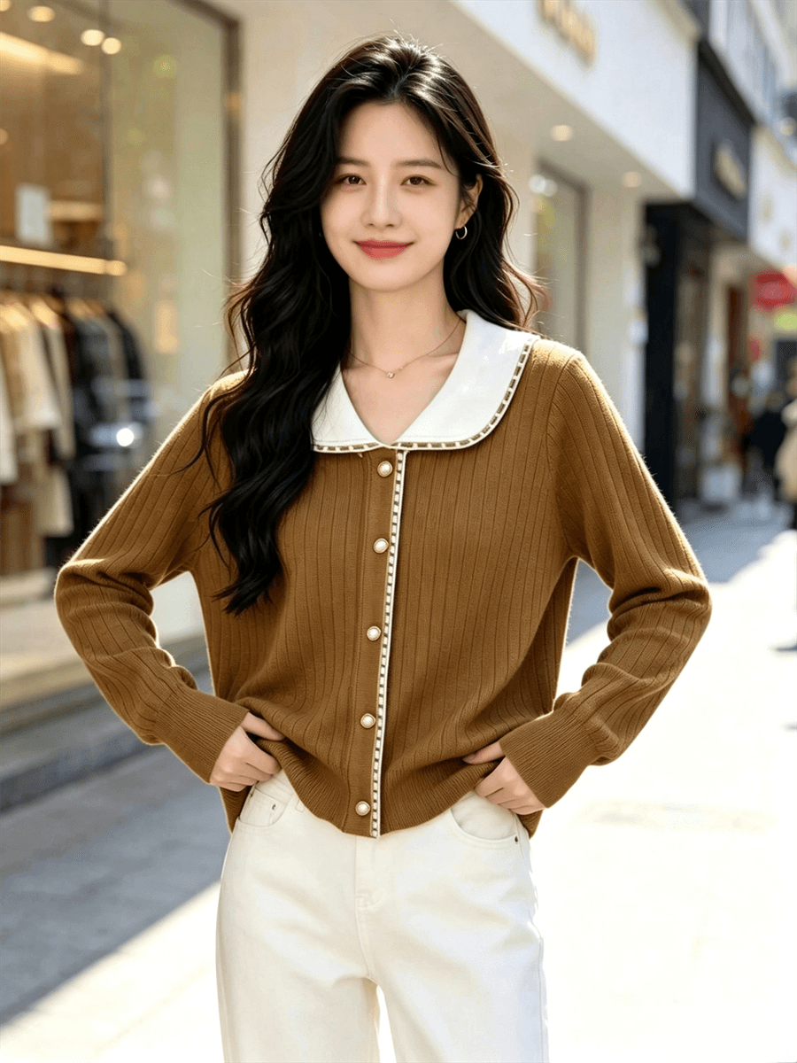 폴로 칼라 오픈 가디건 여성 코트 새로운 봄 가을 외출용 다용도 몸매 가꾸기 베이비 칼라 니트 스웨터 맨위 한국 스타일 상세 이미지 12