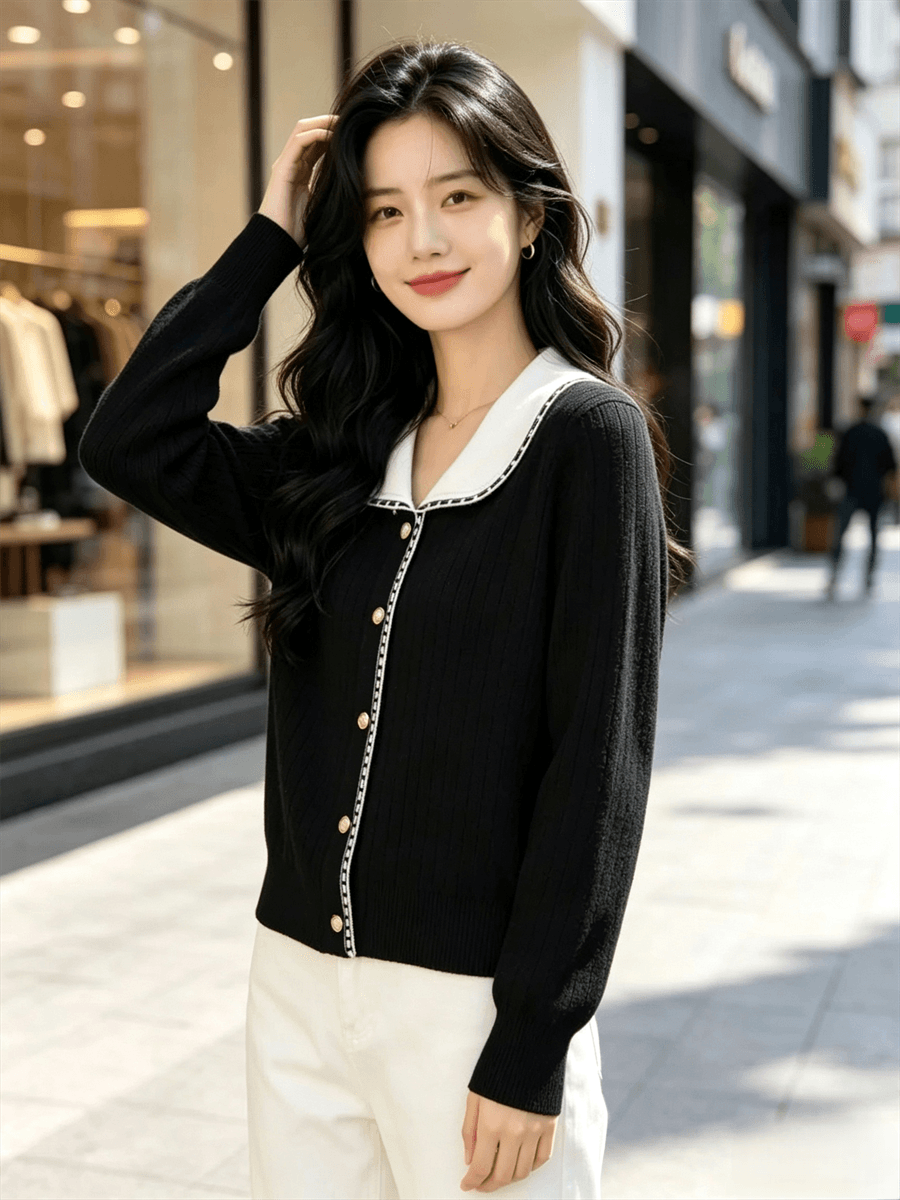 폴로 칼라 오픈 가디건 여성 코트 새로운 봄 가을 외출용 다용도 몸매 가꾸기 베이비 칼라 니트 스웨터 맨위 한국 스타일 상세 이미지 15