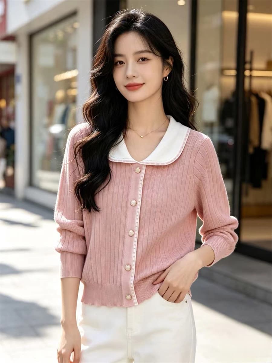 폴로 칼라 오픈 가디건 여성 코트 새로운 봄 가을 외출용 다용도 몸매 가꾸기 베이비 칼라 니트 스웨터 맨위 한국 스타일 상세 이미지 19