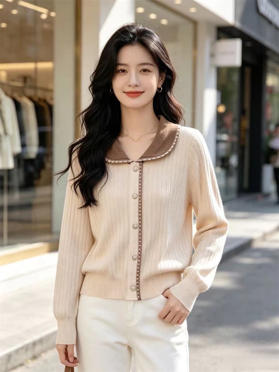 폴로 칼라 오픈 가디건 여성 코트 새로운 봄 가을 외출용 다용도 몸매 가꾸기 베이비 칼라 니트 스웨터 맨위 한국 스타일 상세 이미지 20