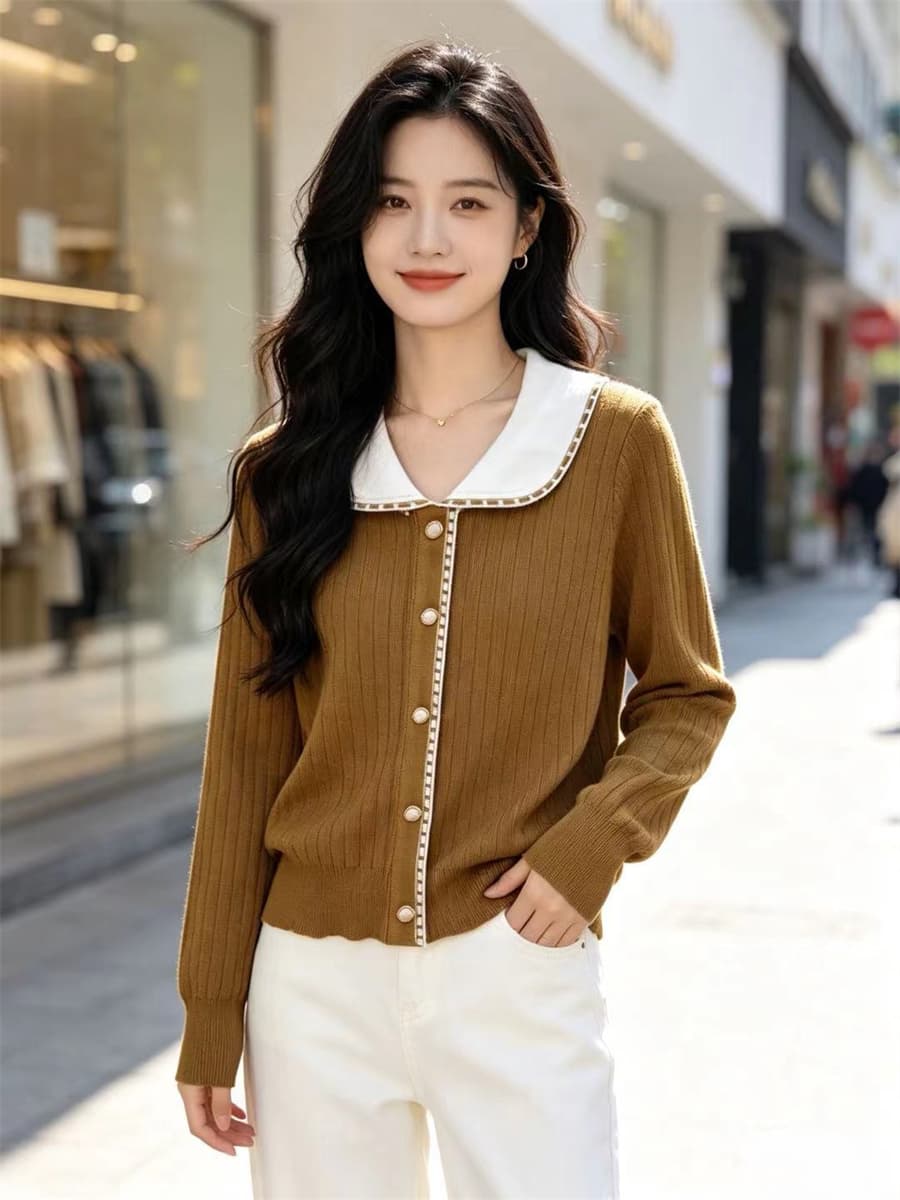폴로 칼라 오픈 가디건 여성 코트 새로운 봄 가을 외출용 다용도 몸매 가꾸기 베이비 칼라 니트 스웨터 맨위 한국 스타일 상세 이미지 24