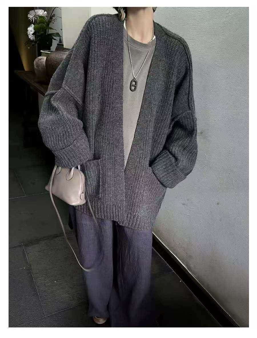 프랑스식 레트로 V넥 니트 오픈 가디건 여성 가을 겨울 새로운 루즈핏 느긋한 캐주얼 질감 센스 스웨터 코트 상세 이미지 6