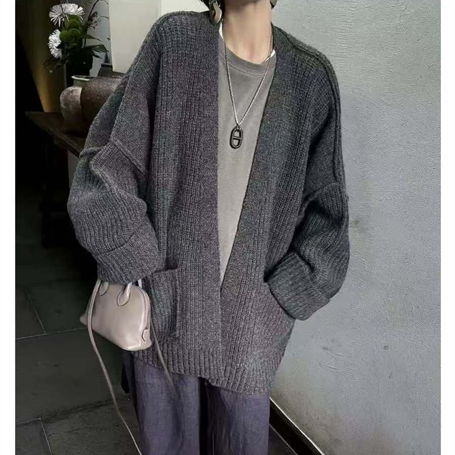 프랑스식 레트로 V넥 니트 오픈 가디건 여성 가을 겨울 새로운 루즈핏 느긋한 캐주얼 질감 센스 스웨터 코트 상세 이미지 7