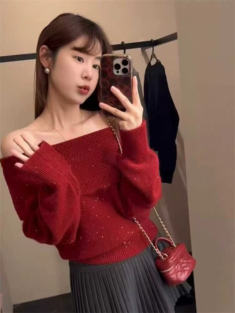 가을 겨울 새로운 한국 스타일 패션 다용도 보트넥 니트 스웨터 여성 루즈핏 슬림해 보이는 스팽글 스웨터 풀오버 맨위 상세 이미지 5