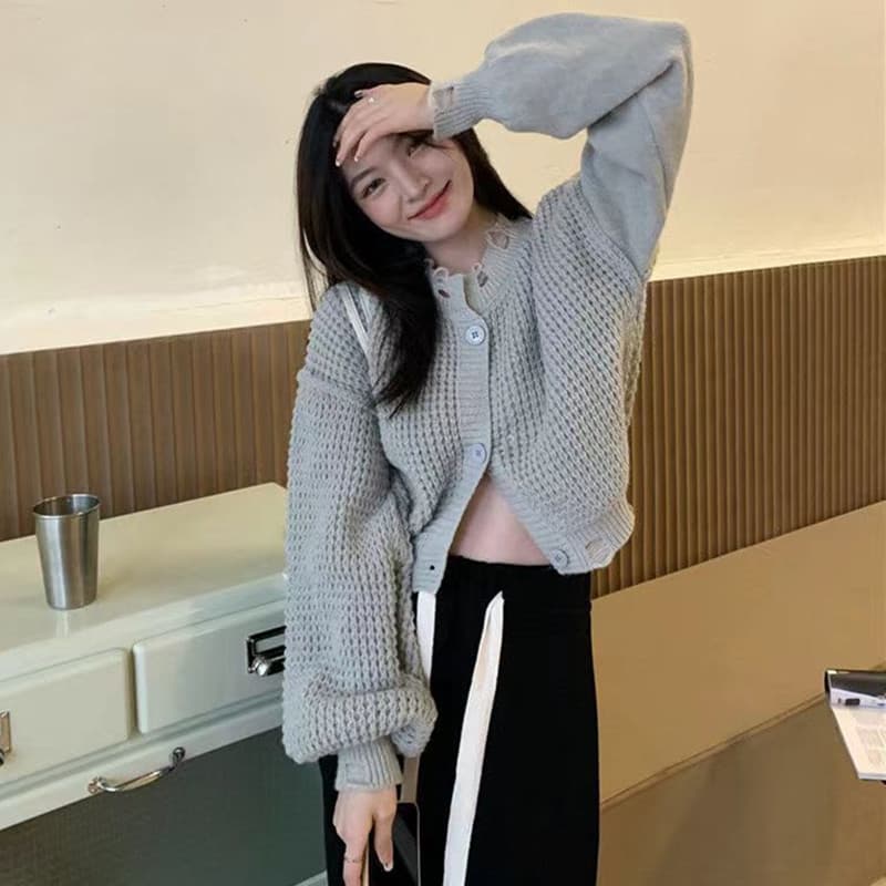 스웨터 여자 가을 품격 다용도 재킷 새로운 한국 스타일 디자인 센스 벌룬 소매 찢어진 부분 쇼트 스타일 맨위 이미지 2