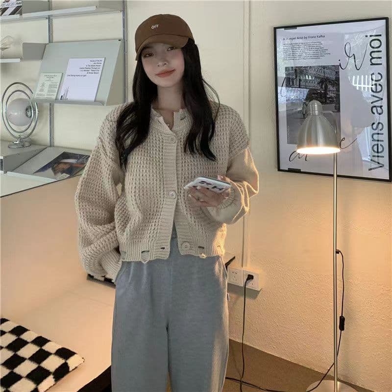 스웨터 여자 가을 품격 다용도 재킷 새로운 한국 스타일 디자인 센스 벌룬 소매 찢어진 부분 쇼트 스타일 맨위 상세 이미지 4
