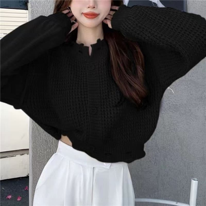 스웨터 여자 가을 품격 다용도 재킷 새로운 한국 스타일 디자인 센스 벌룬 소매 찢어진 부분 쇼트 스타일 맨위 상세 이미지 5