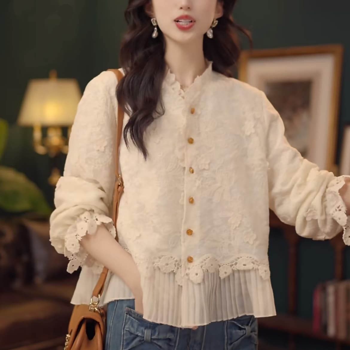 살구 배 홍콩 바람 레트로 단색 긴팔 루즈핏 슬림해 보이는 맨위 이미지 2