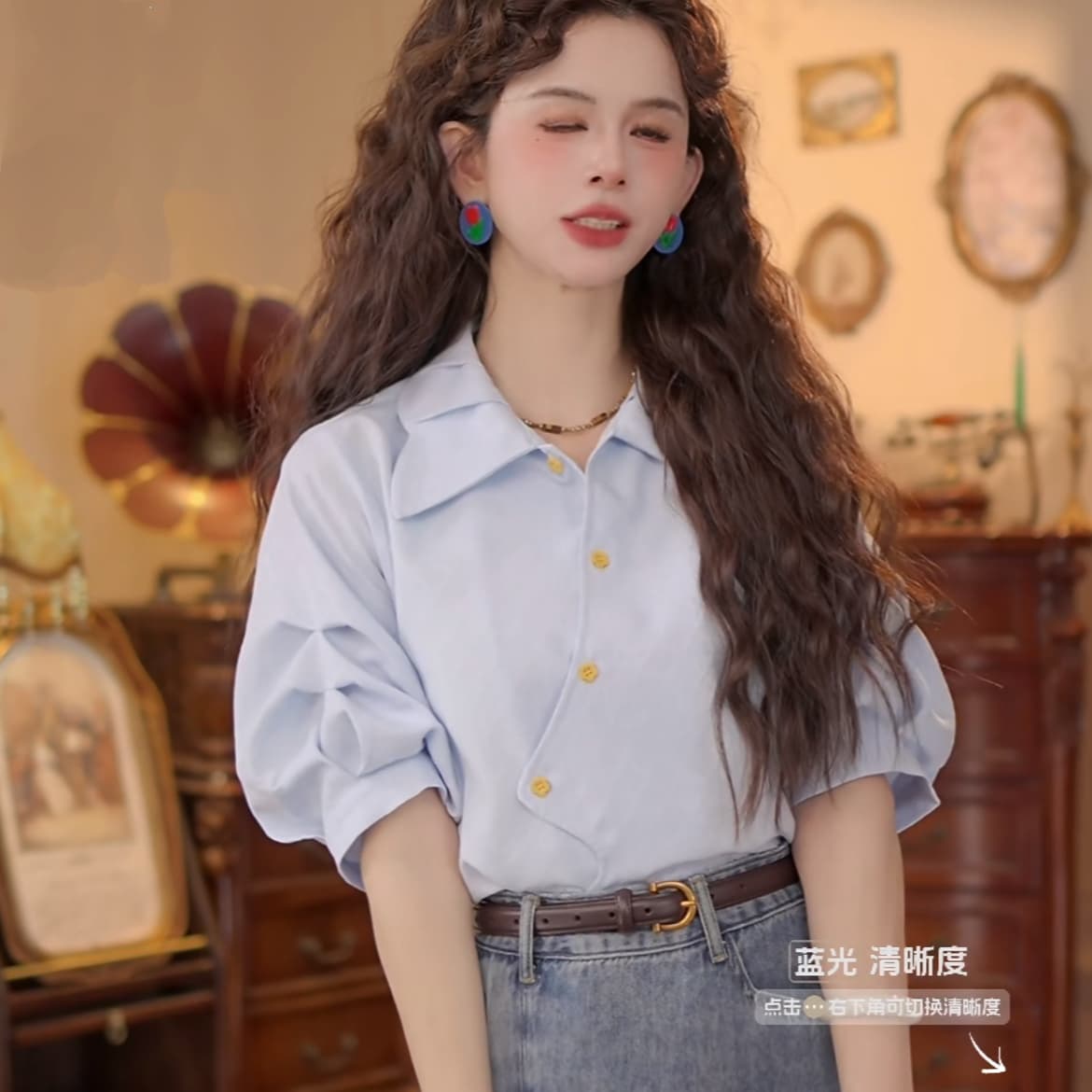 4 색 유키 안 스택 그늘 봄 여름 반팔 맨위 품격 새로운 다용도 작은 대중 셔츠 데님 반신 스커트 상세 이미지 7