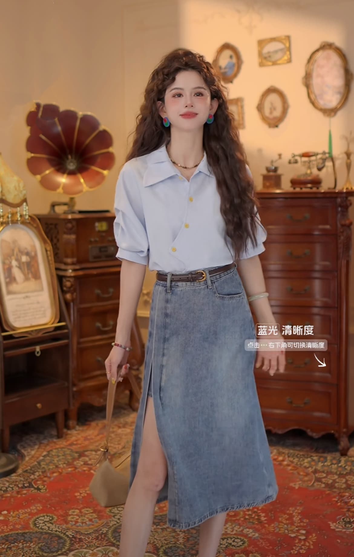 4 색 유키 안 스택 그늘 봄 여름 반팔 맨위 품격 새로운 다용도 작은 대중 셔츠 데님 반신 스커트 상세 이미지 17