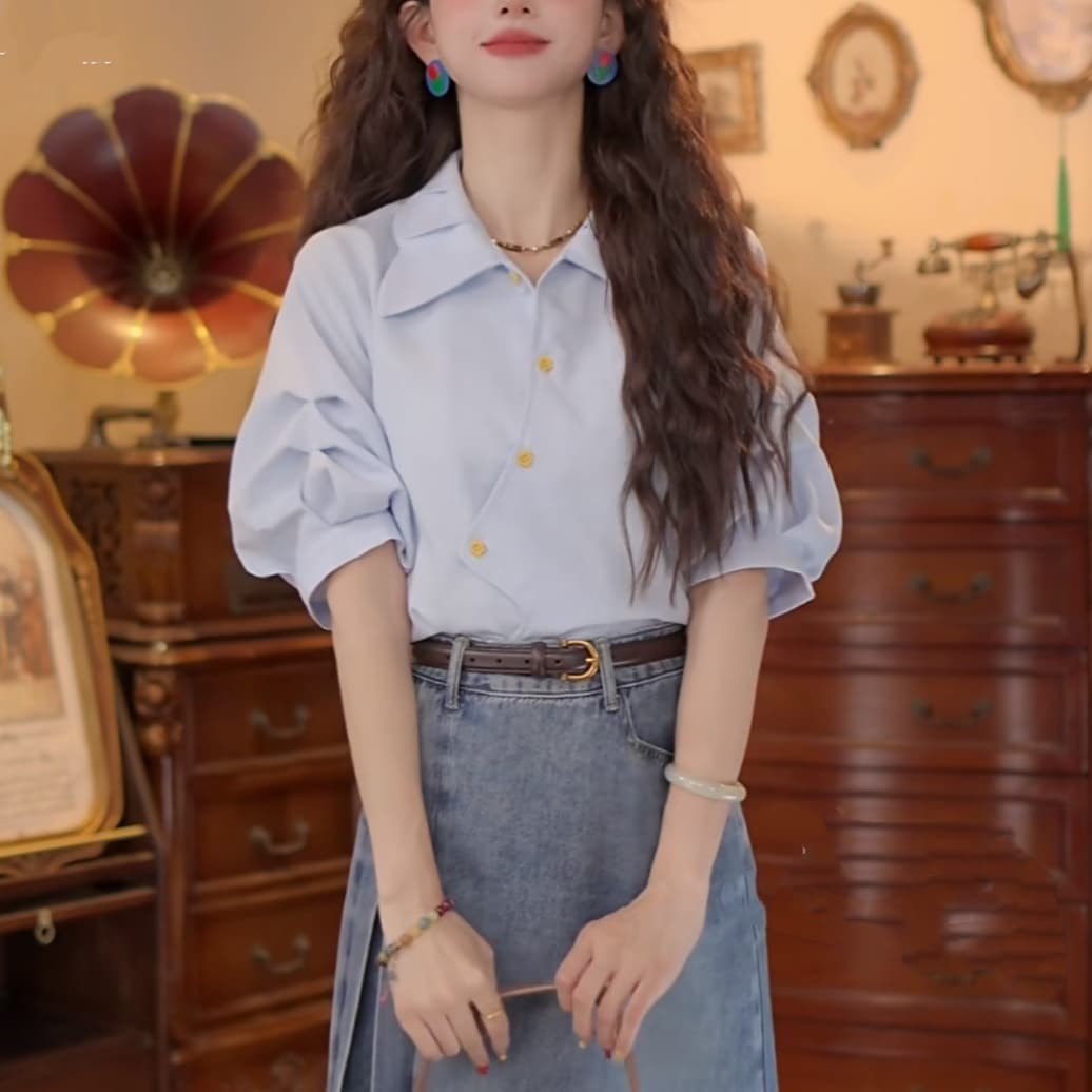 4 색 유키 안 스택 그늘 봄 여름 반팔 맨위 품격 새로운 다용도 작은 대중 셔츠 데님 반신 스커트 상세 이미지 19