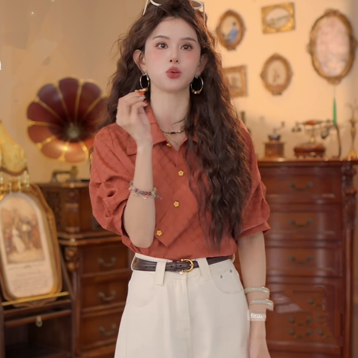 4 색 유키 안 스택 그늘 봄 여름 반팔 맨위 품격 새로운 다용도 작은 대중 셔츠 데님 반신 스커트 상세 이미지 12