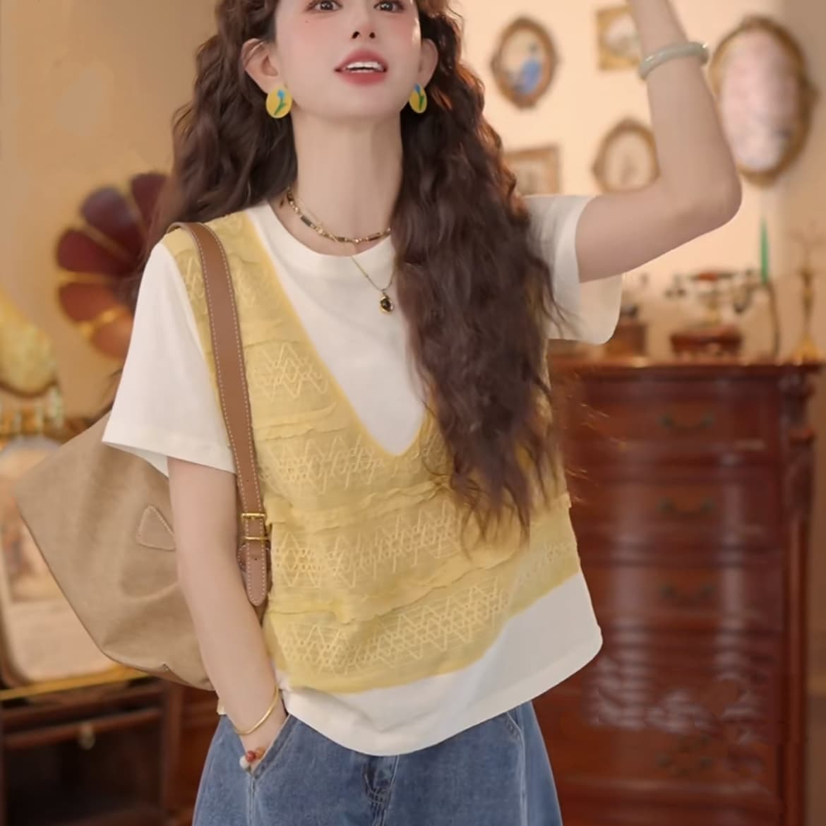 황색 구름 반사하다 화이트 레트로 항구 바람 가짜 두 조각 여름 반팔 티셔츠 캐주얼 맨위 상세 이미지 1