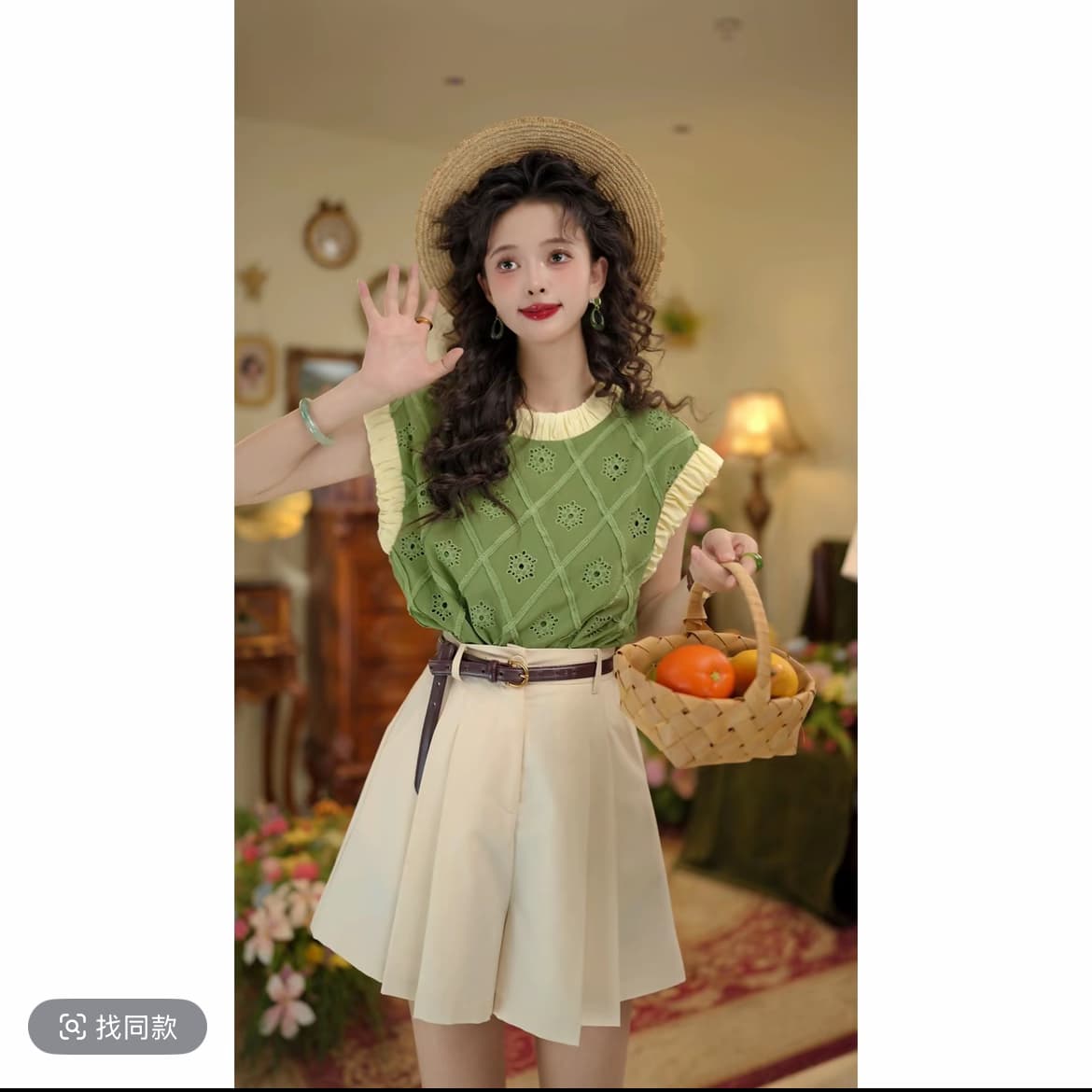 밀 귀 황혼 항구 바람 레트로 라운드 넥 홀로우 아웃 셔츠 루즈핏 체크무늬 맨위 살구 색상 반바지 상세 이미지 1