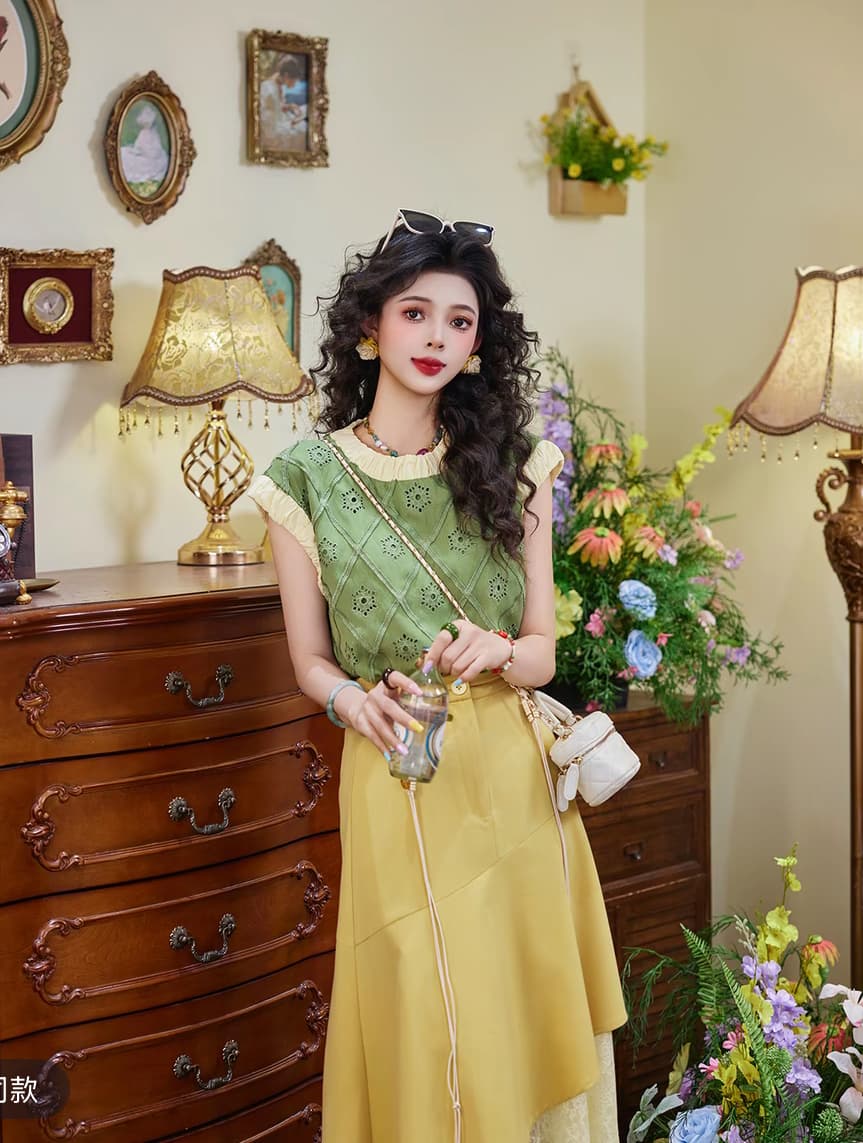 밀 귀 황혼 항구 바람 레트로 라운드 넥 홀로우 아웃 셔츠 루즈핏 체크무늬 맨위 살구 색상 반바지 상세 이미지 6