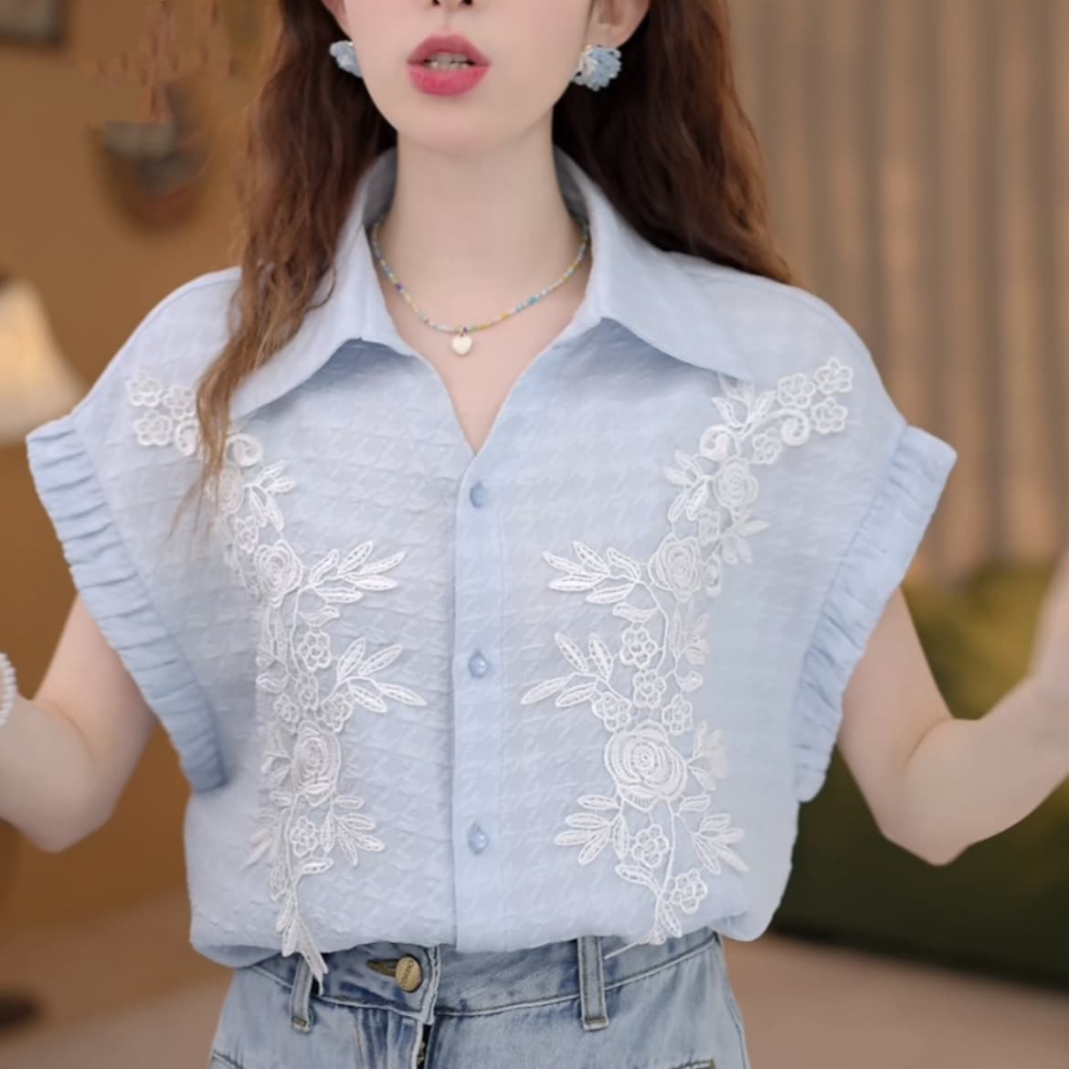 얕은 여름 꽃 레트로 항구 바람 여름 새로운 패션 자카드 다용도 반팔 셔츠 상세 이미지 1