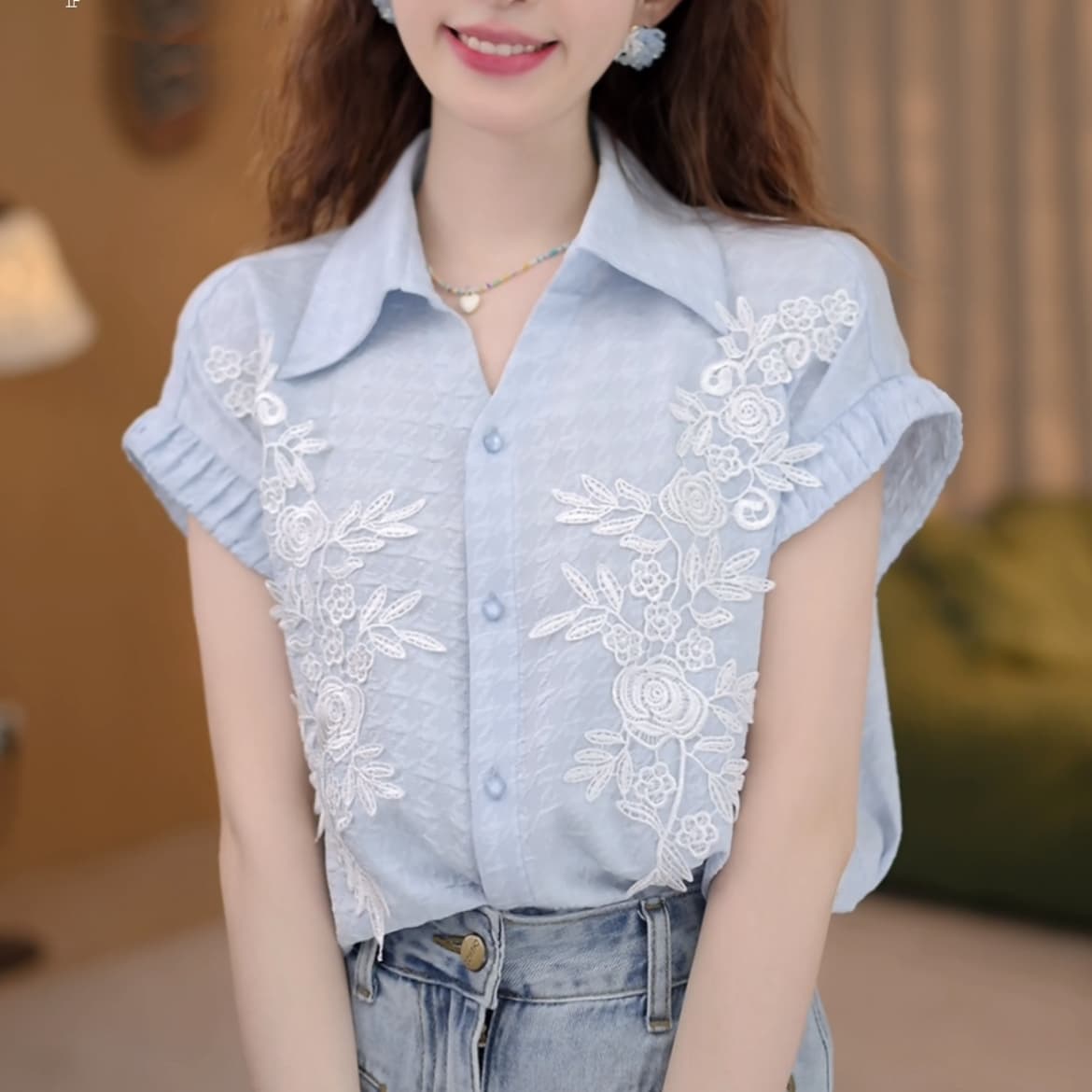 얕은 여름 꽃 레트로 항구 바람 여름 새로운 패션 자카드 다용도 반팔 셔츠 상세 이미지 6