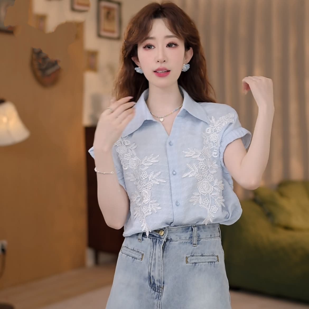 얕은 여름 꽃 레트로 항구 바람 여름 새로운 패션 자카드 다용도 반팔 셔츠 상세 이미지 8