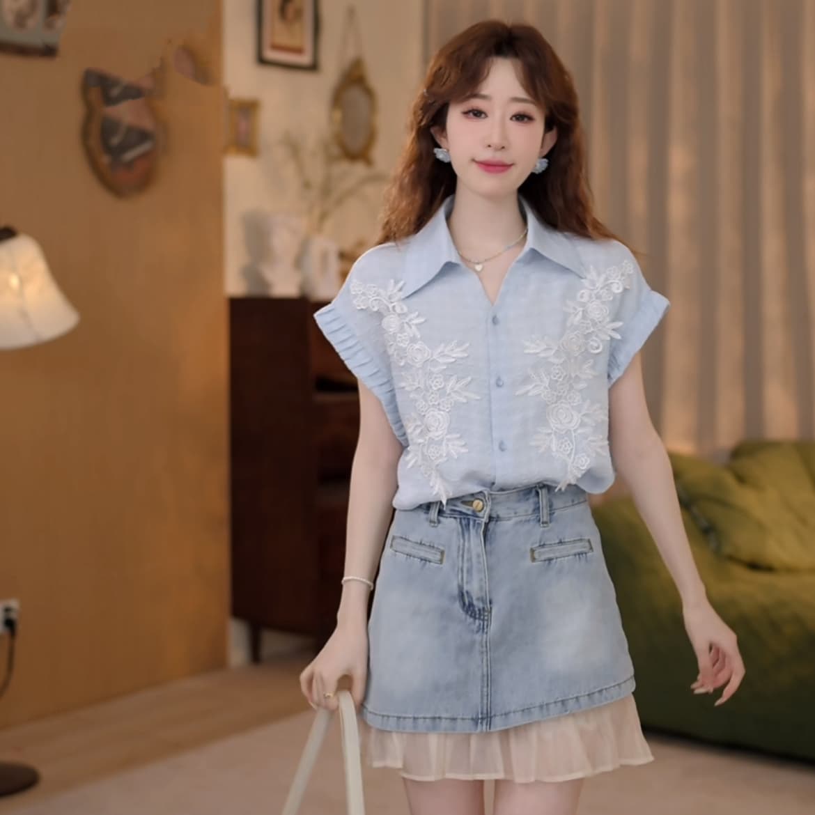 얕은 여름 꽃 레트로 항구 바람 여름 새로운 패션 자카드 다용도 반팔 셔츠 상세 이미지 9