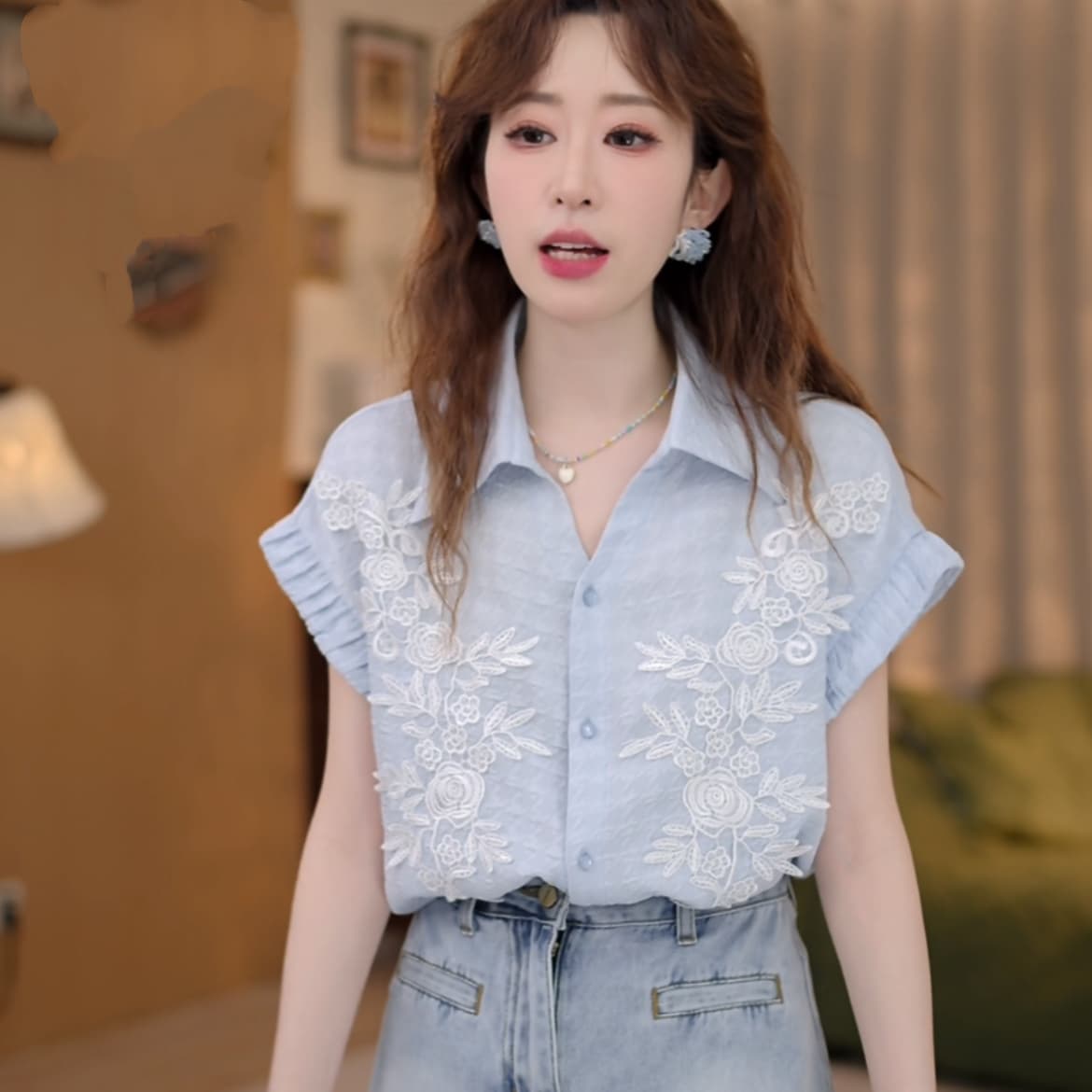 얕은 여름 꽃 레트로 항구 바람 여름 새로운 패션 자카드 다용도 반팔 셔츠 상세 이미지 15