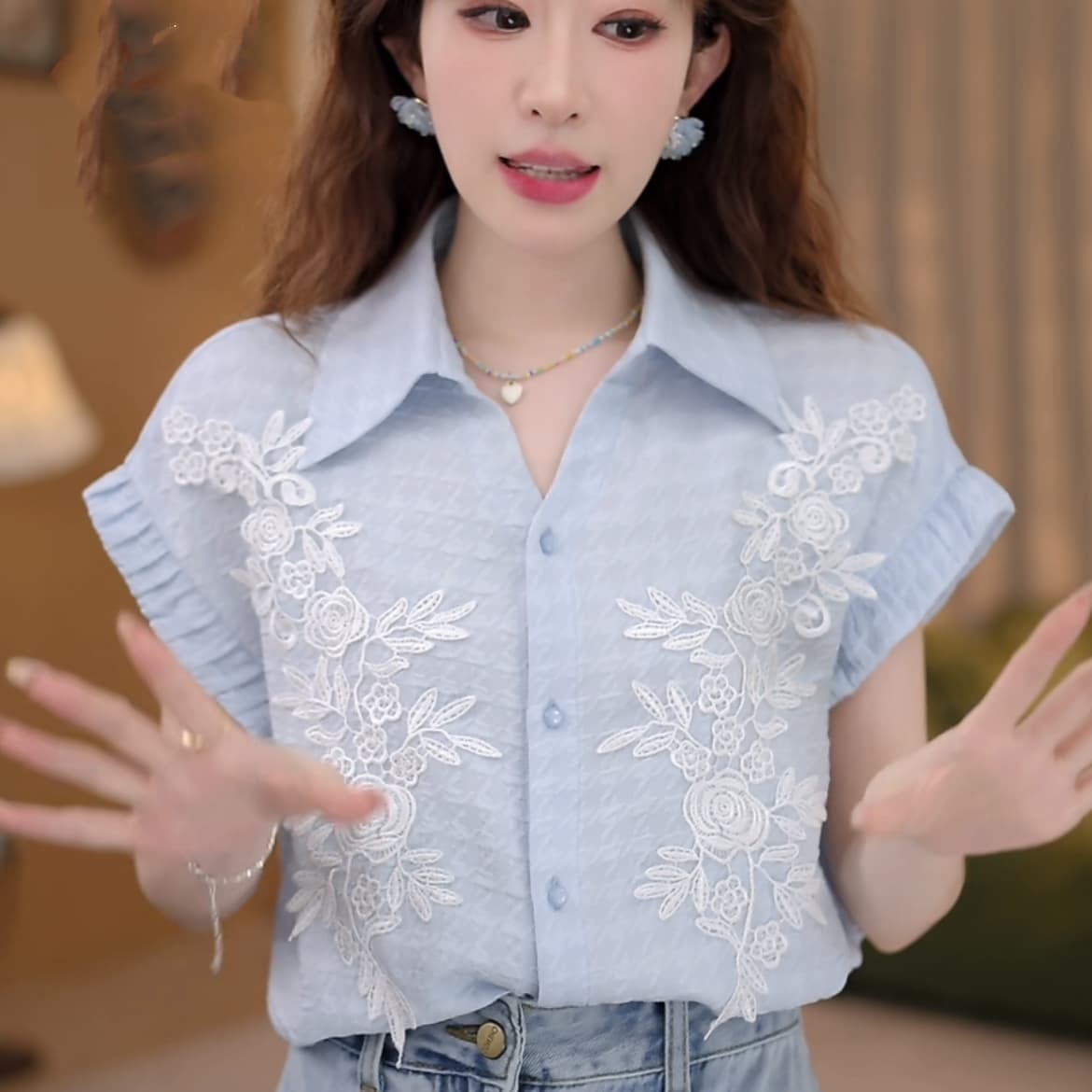 얕은 여름 꽃 레트로 항구 바람 여름 새로운 패션 자카드 다용도 반팔 셔츠 상세 이미지 16