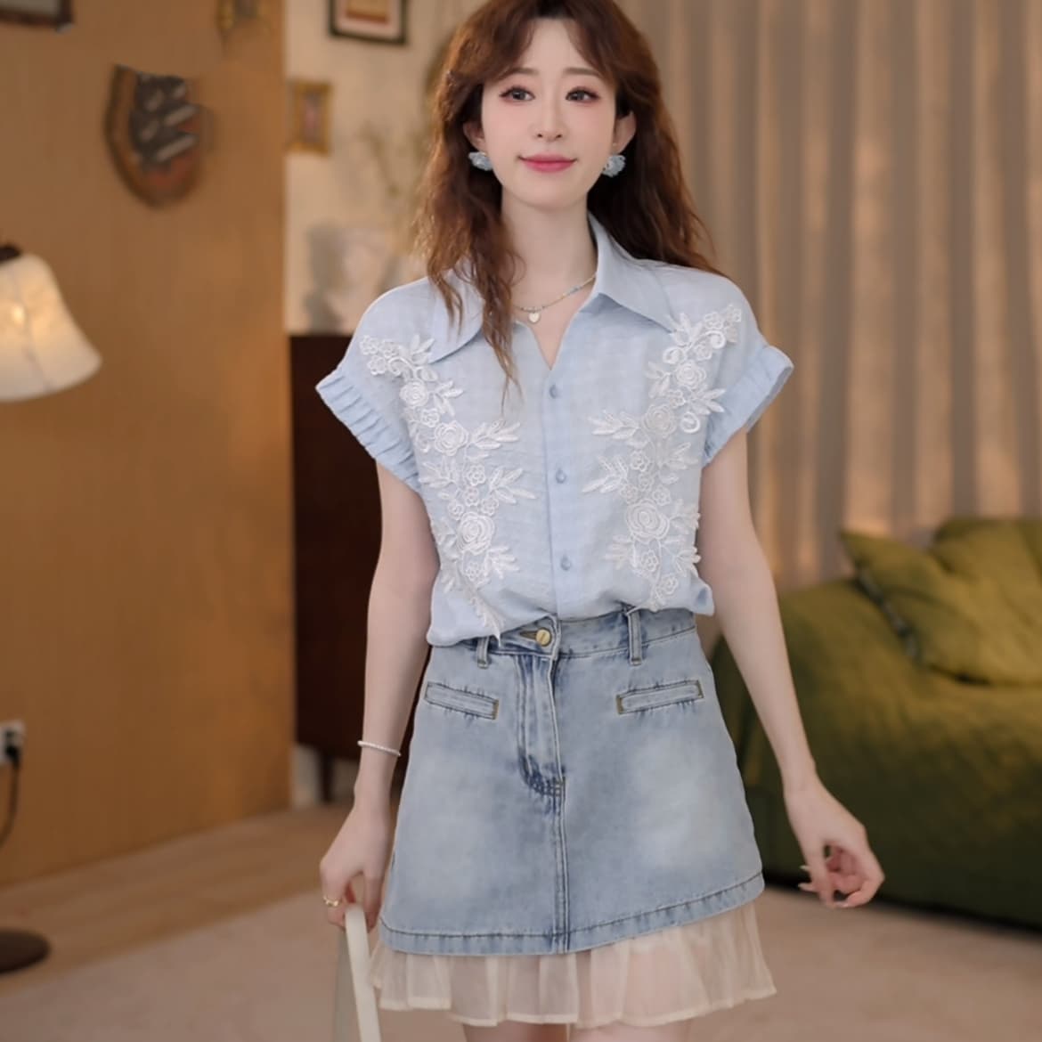 얕은 여름 꽃 레트로 항구 바람 여름 새로운 패션 자카드 다용도 반팔 셔츠 상세 이미지 17