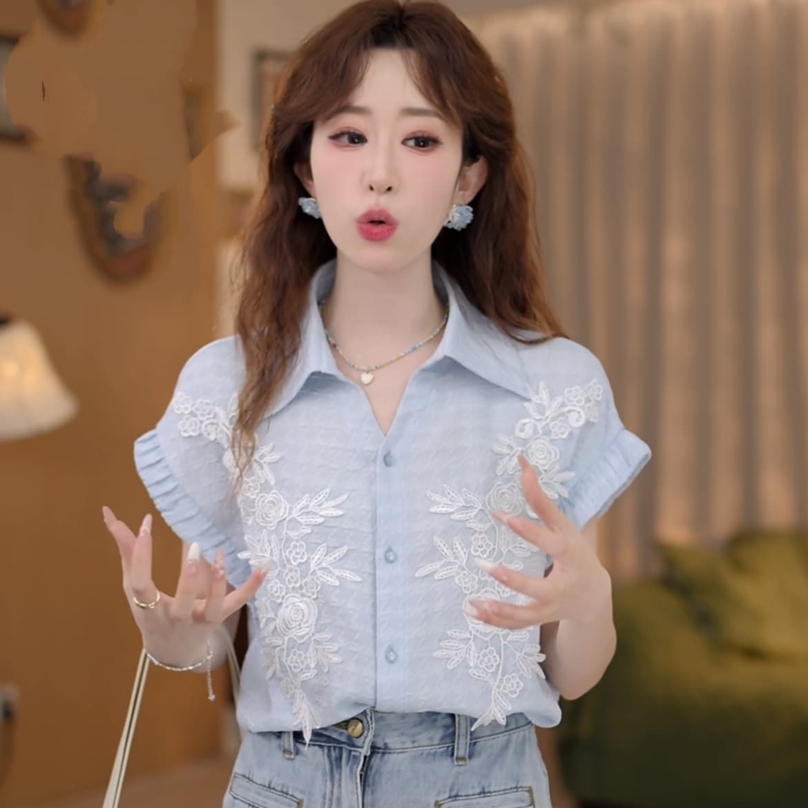얕은 여름 꽃 레트로 항구 바람 여름 새로운 패션 자카드 다용도 반팔 셔츠 상세 이미지 19