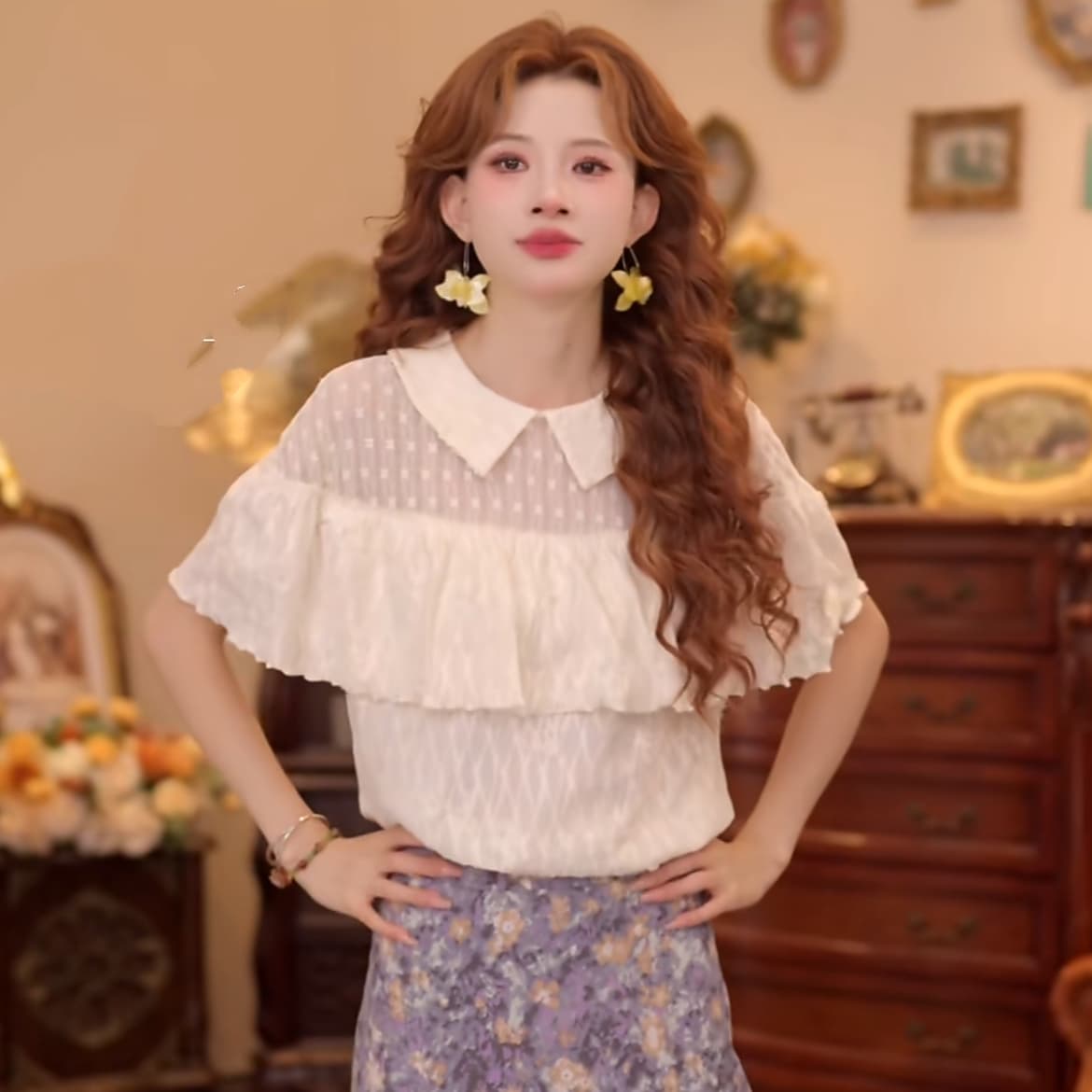 살구 복숭아 깃발 프랑스식 고유 한 작은 셔츠 여름 천 금빛 바람 다용도 슬림해 보이는 셔츠 반신 스커트 상세 이미지 1