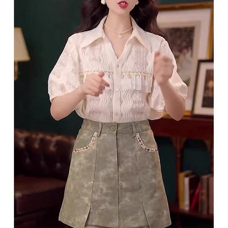 작은 빛 흔적 부드러운 셔츠 캐주얼 다용도 반팔 셔츠 여름 루즈핏 맨위 반바지 롱 스커트 이미지 2