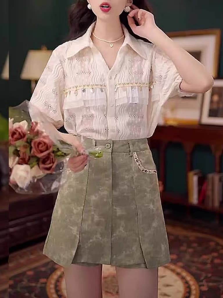 작은 빛 흔적 부드러운 셔츠 캐주얼 다용도 반팔 셔츠 여름 루즈핏 맨위 반바지 롱 스커트 상세 이미지 1