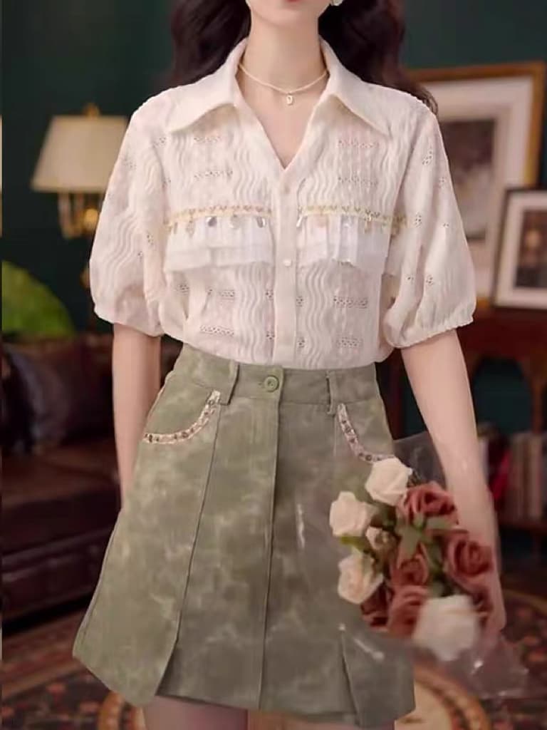 작은 빛 흔적 부드러운 셔츠 캐주얼 다용도 반팔 셔츠 여름 루즈핏 맨위 반바지 롱 스커트 상세 이미지 6