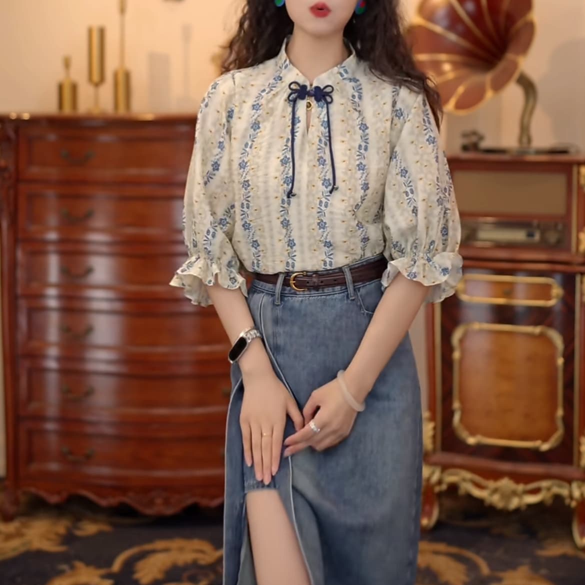 칠보 도자기 레트로 항구 바람 반팔 여름 루즈핏 블라우스 다용도 맨위 반신 스커트 이미지 2