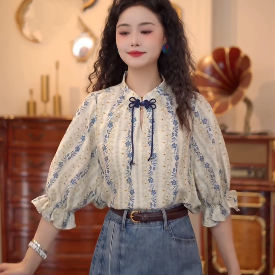 칠보 도자기 레트로 항구 바람 반팔 여름 루즈핏 블라우스 다용도 맨위 반신 스커트 상세 이미지 1
