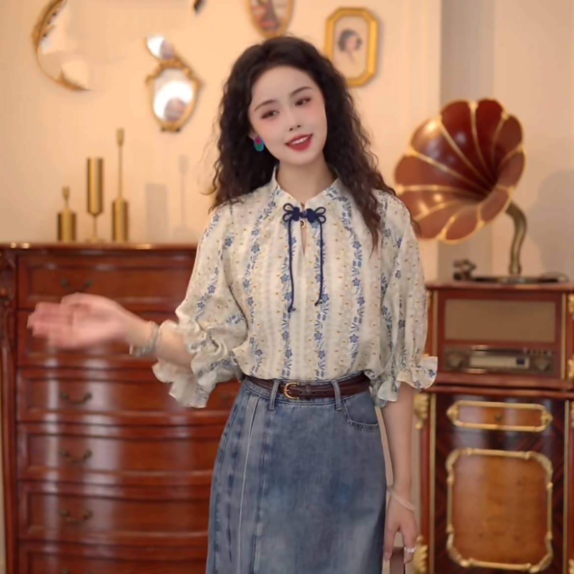 칠보 도자기 레트로 항구 바람 반팔 여름 루즈핏 블라우스 다용도 맨위 반신 스커트 상세 이미지 4