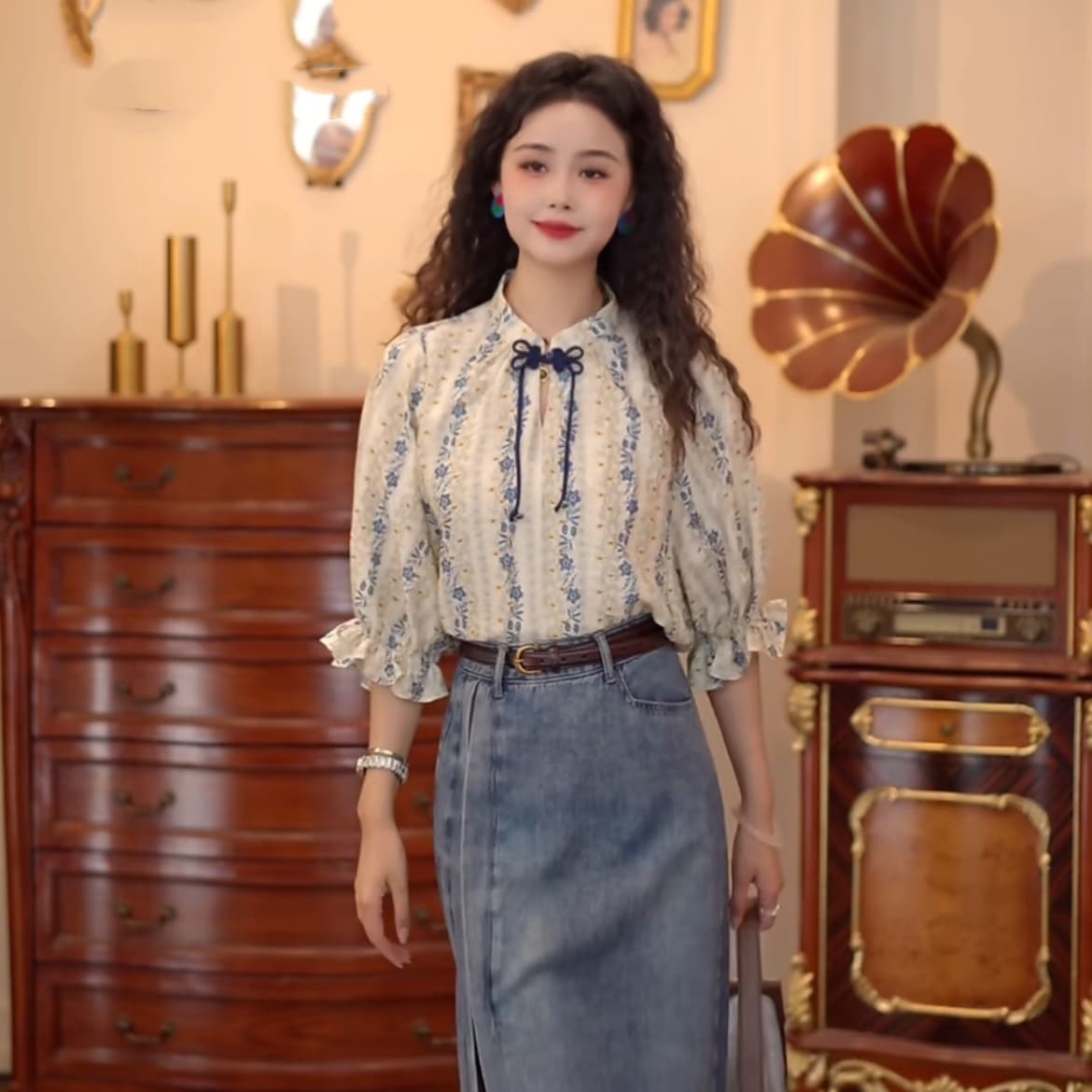 칠보 도자기 레트로 항구 바람 반팔 여름 루즈핏 블라우스 다용도 맨위 반신 스커트 상세 이미지 6