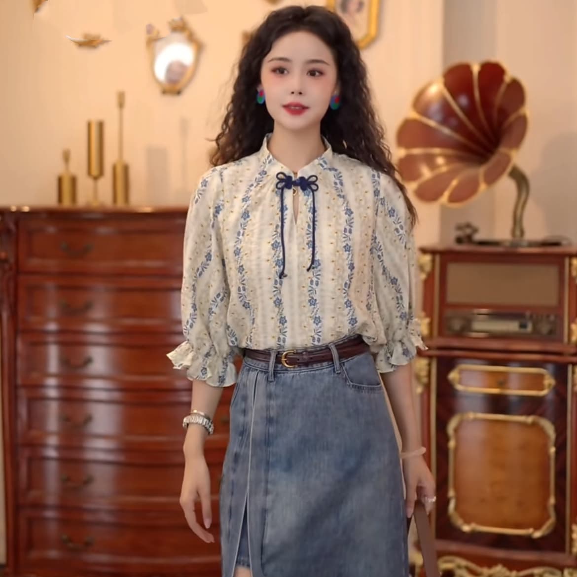 칠보 도자기 레트로 항구 바람 반팔 여름 루즈핏 블라우스 다용도 맨위 반신 스커트 상세 이미지 10