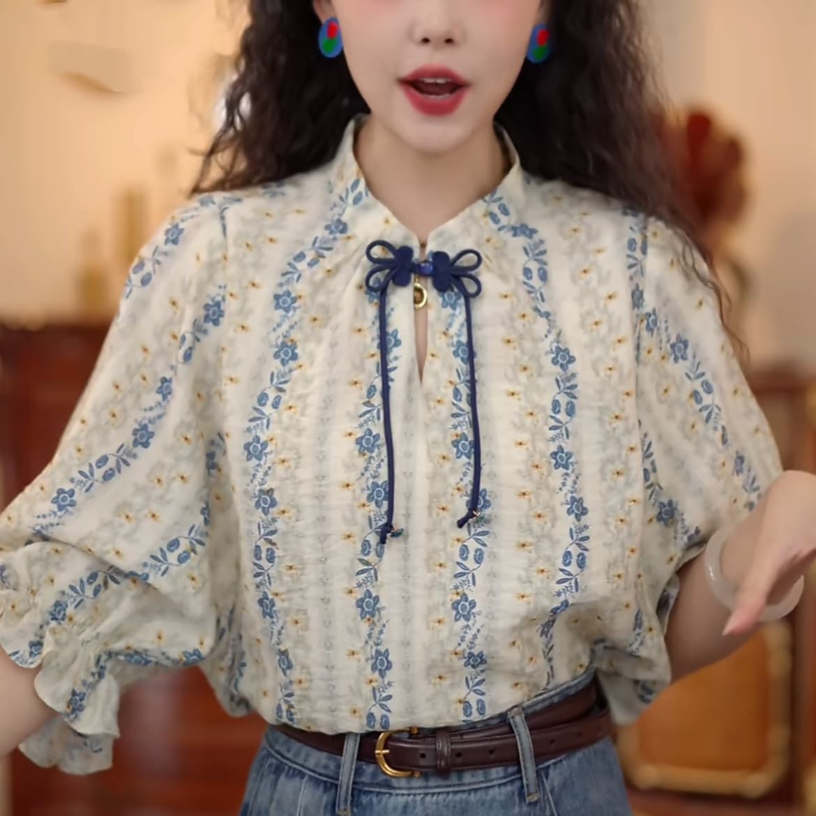 칠보 도자기 레트로 항구 바람 반팔 여름 루즈핏 블라우스 다용도 맨위 반신 스커트 상세 이미지 11