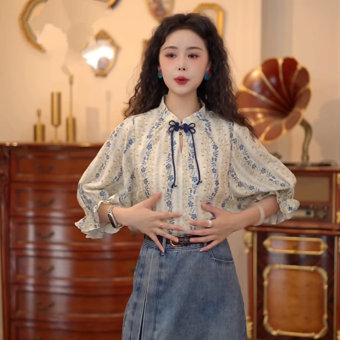 칠보 도자기 레트로 항구 바람 반팔 여름 루즈핏 블라우스 다용도 맨위 반신 스커트 상세 이미지 12