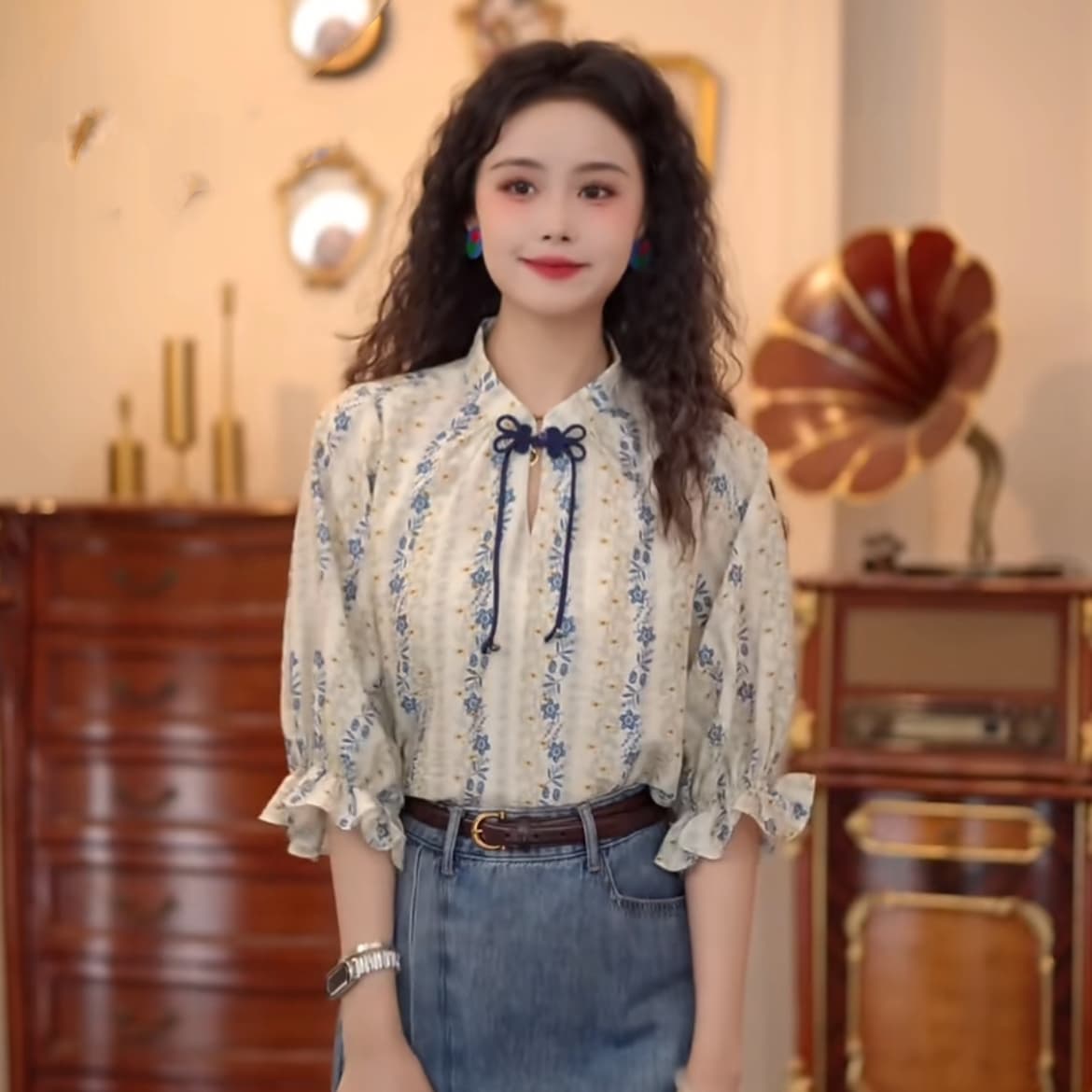 칠보 도자기 레트로 항구 바람 반팔 여름 루즈핏 블라우스 다용도 맨위 반신 스커트 상세 이미지 13
