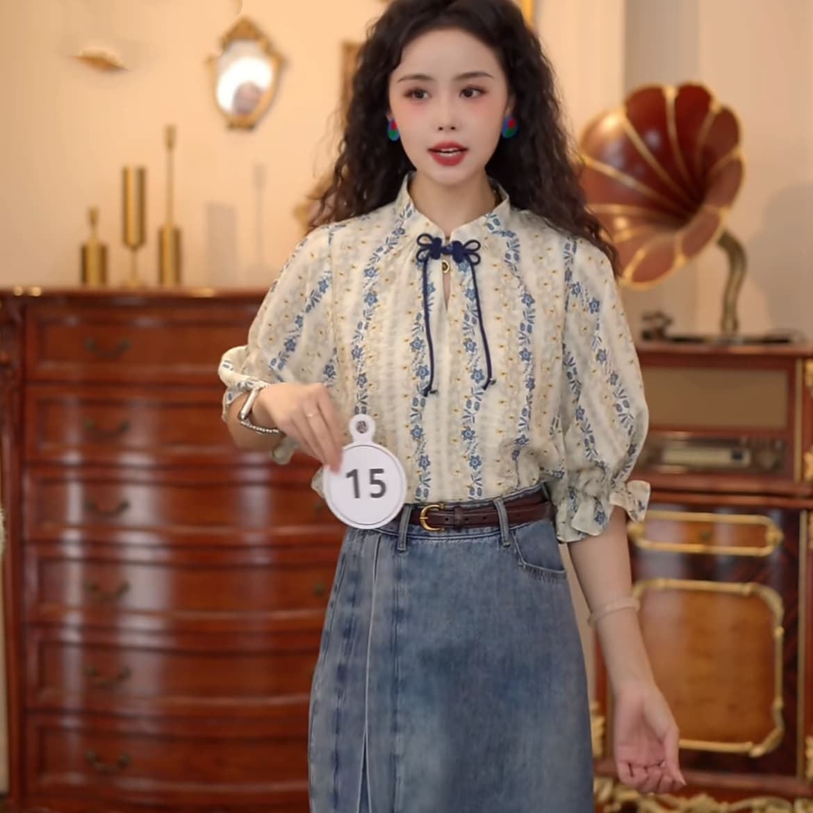 칠보 도자기 레트로 항구 바람 반팔 여름 루즈핏 블라우스 다용도 맨위 반신 스커트 상세 이미지 14