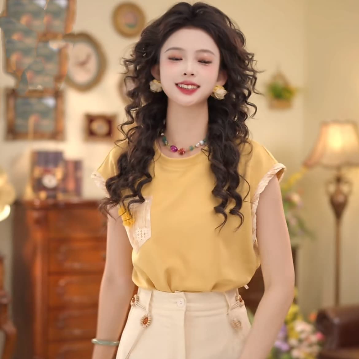2 색 망고 밀크 셰이크 레트로 항구 바람 연령 감소 티셔츠 외국 가스 다용도 꽃 라운드 넥 반팔 반신 스커트 상세 이미지 16