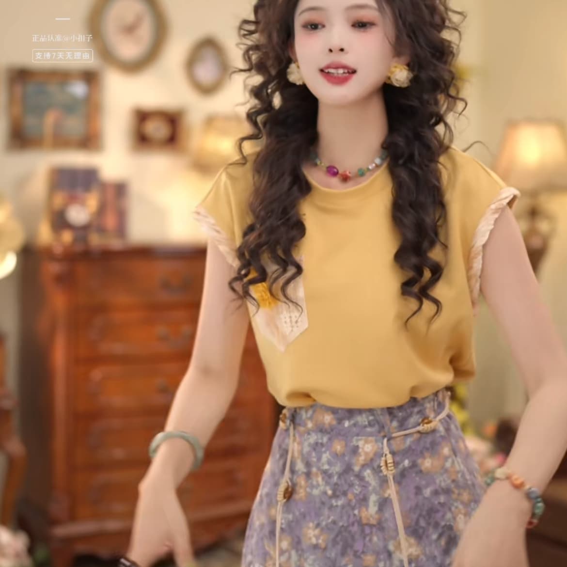 2 색 망고 밀크 셰이크 레트로 항구 바람 연령 감소 티셔츠 외국 가스 다용도 꽃 라운드 넥 반팔 반신 스커트 상세 이미지 19