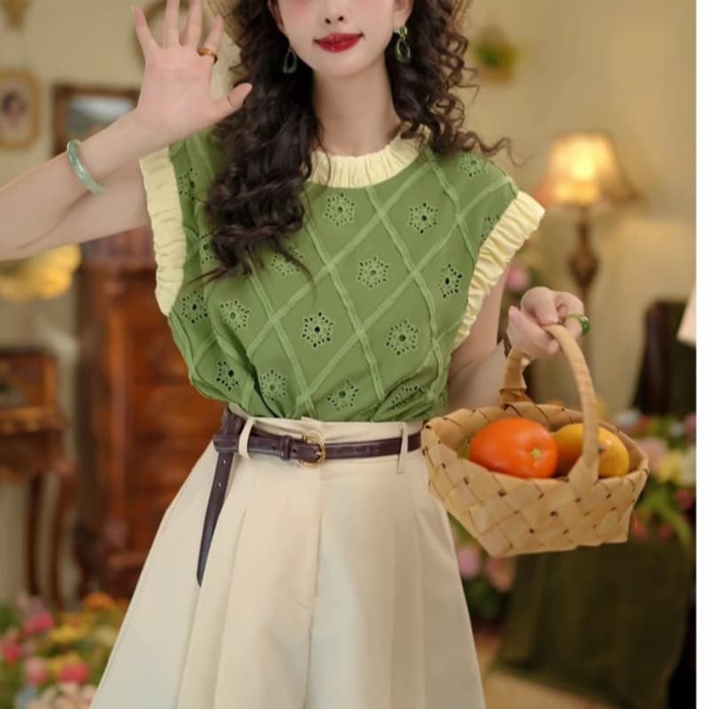 밀 귀 황혼 항구 바람 레트로 라운드 넥 홀로우 아웃 셔츠 루즈핏 체크무늬 맨위 살구 색상 반바지
