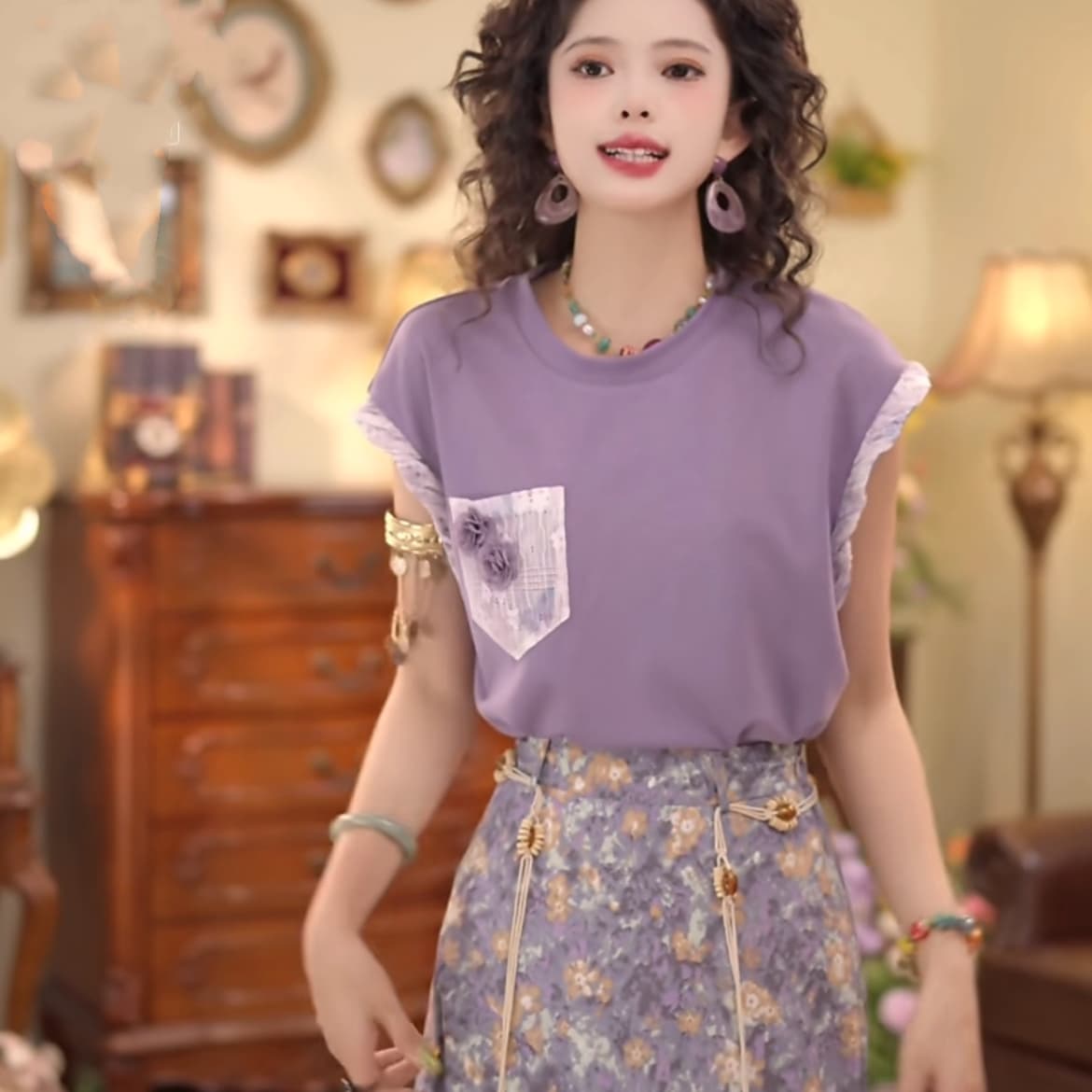 2 색 망고 밀크 셰이크 레트로 항구 바람 연령 감소 티셔츠 외국 가스 다용도 꽃 라운드 넥 반팔 반신 스커트 상세 이미지 3