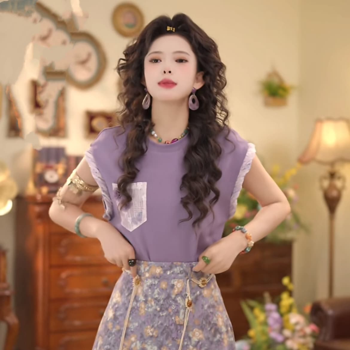 2 색 망고 밀크 셰이크 레트로 항구 바람 연령 감소 티셔츠 외국 가스 다용도 꽃 라운드 넥 반팔 반신 스커트 상세 이미지 9