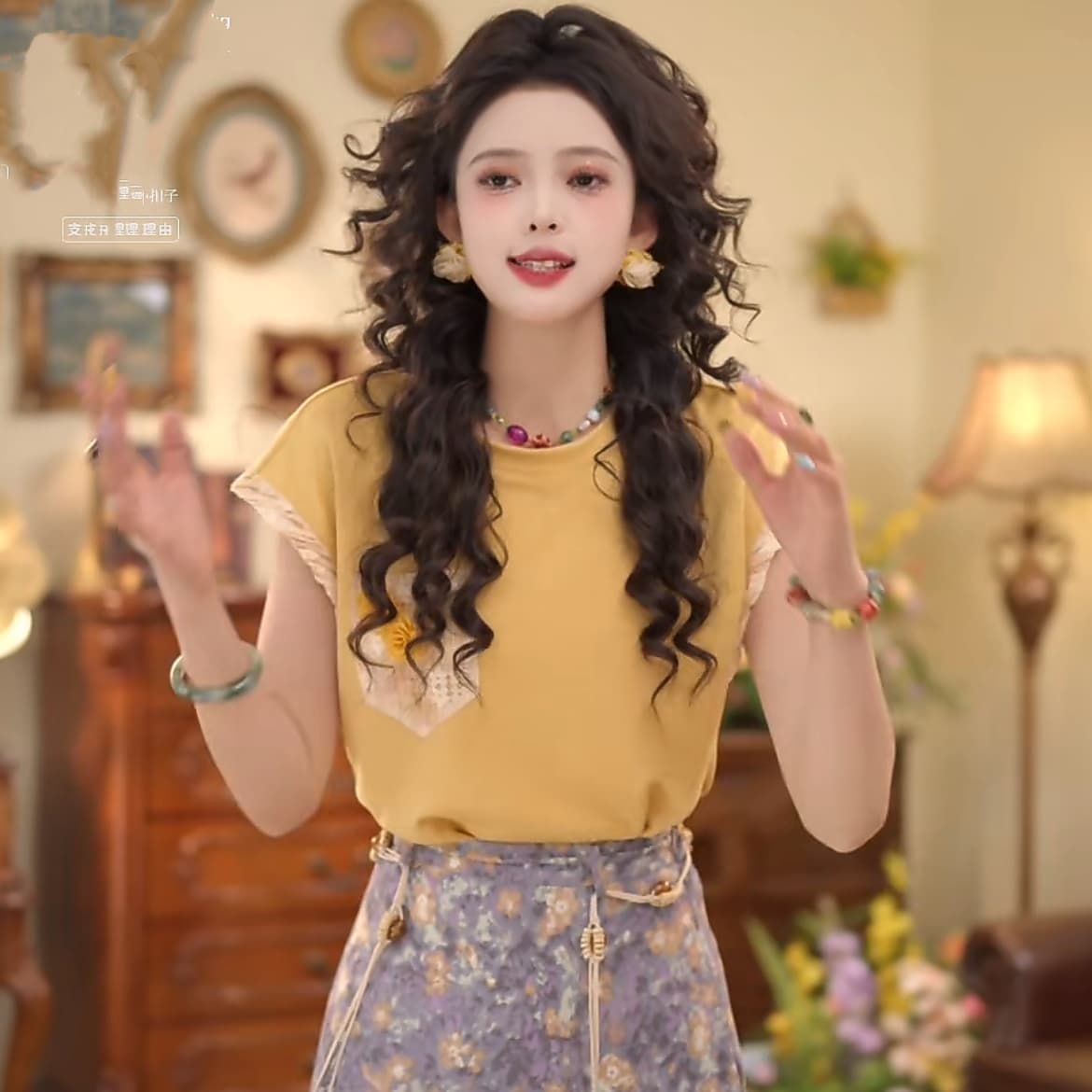 2 색 芋 진흙 보라색 소스 레트로 항구 바람 연령 감소 티셔츠 외국 가스 다용도 꽃 라운드 넥 반팔 반신 스커트 상세 이미지 7