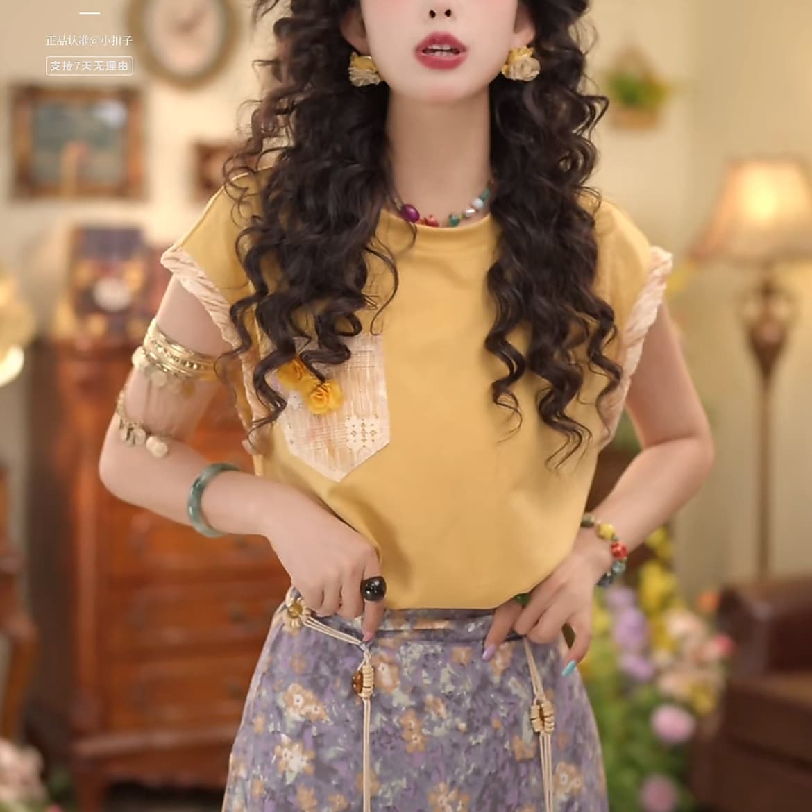 2 색 芋 진흙 보라색 소스 레트로 항구 바람 연령 감소 티셔츠 외국 가스 다용도 꽃 라운드 넥 반팔 반신 스커트 상세 이미지 10