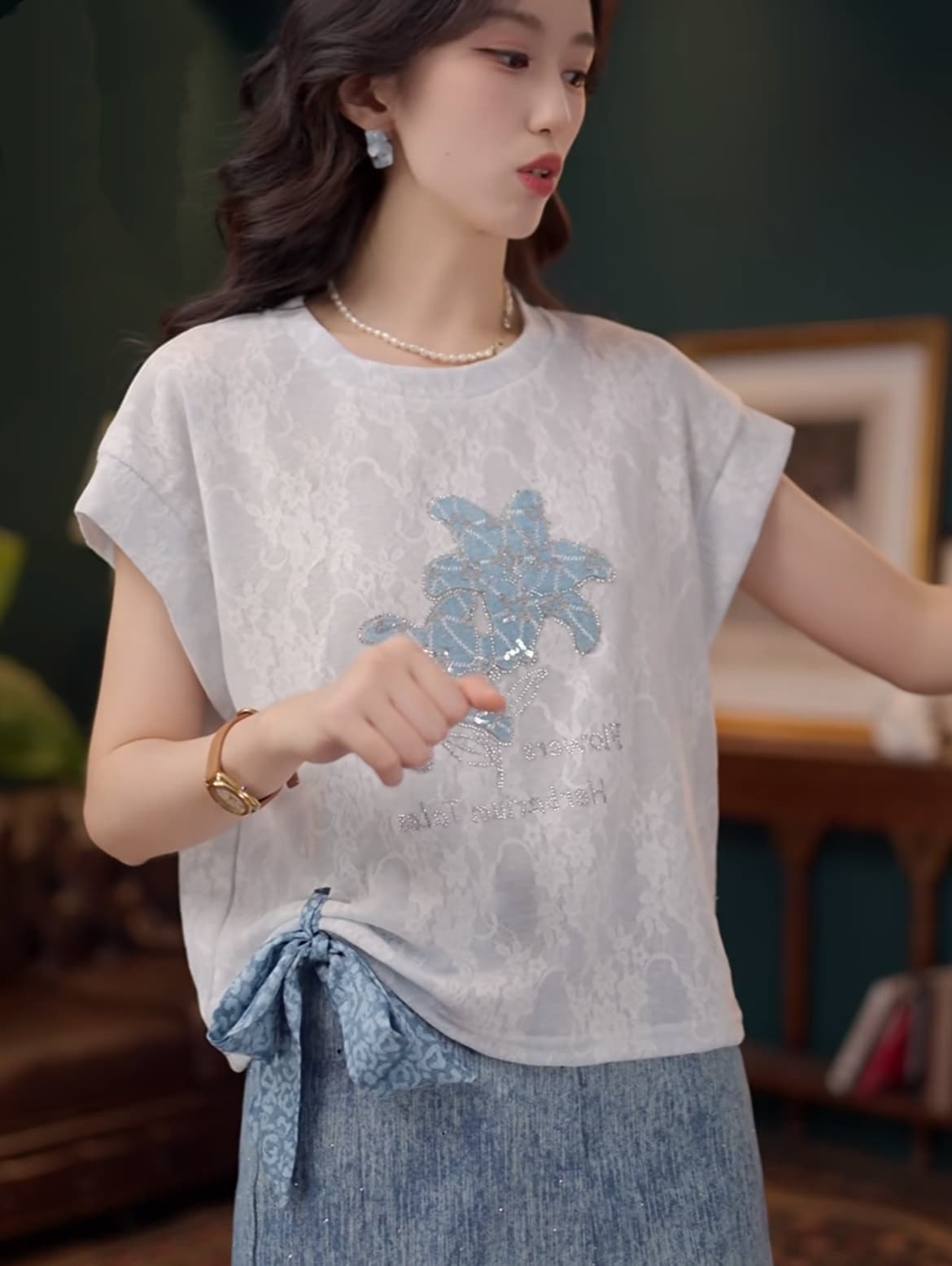 불가사리 정원 부드러운 셔츠 캐주얼 다용도 반팔 여성 셔츠 여름 맨위 상세 이미지 4