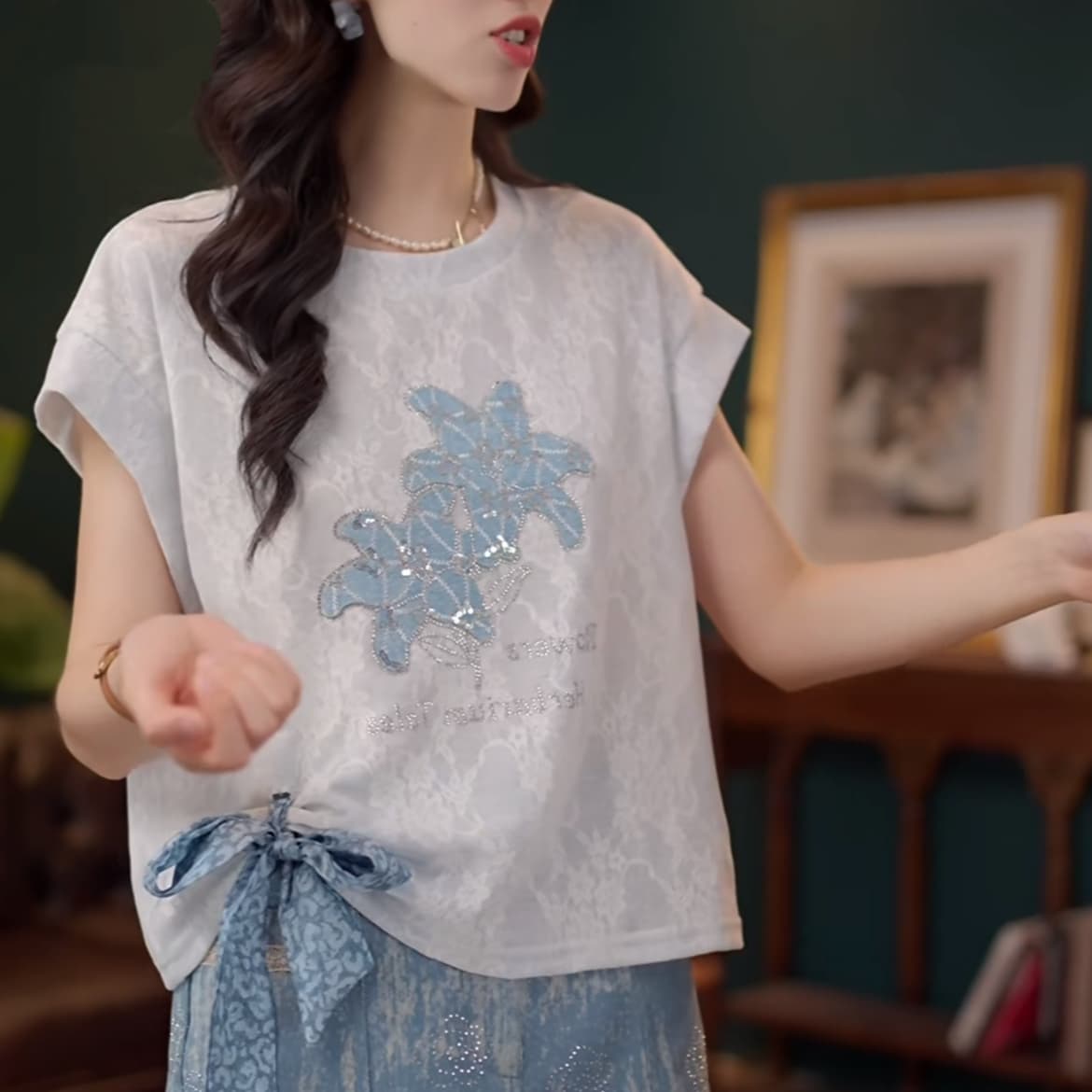 불가사리 정원 부드러운 셔츠 캐주얼 다용도 반팔 여성 셔츠 여름 맨위 상세 이미지 18