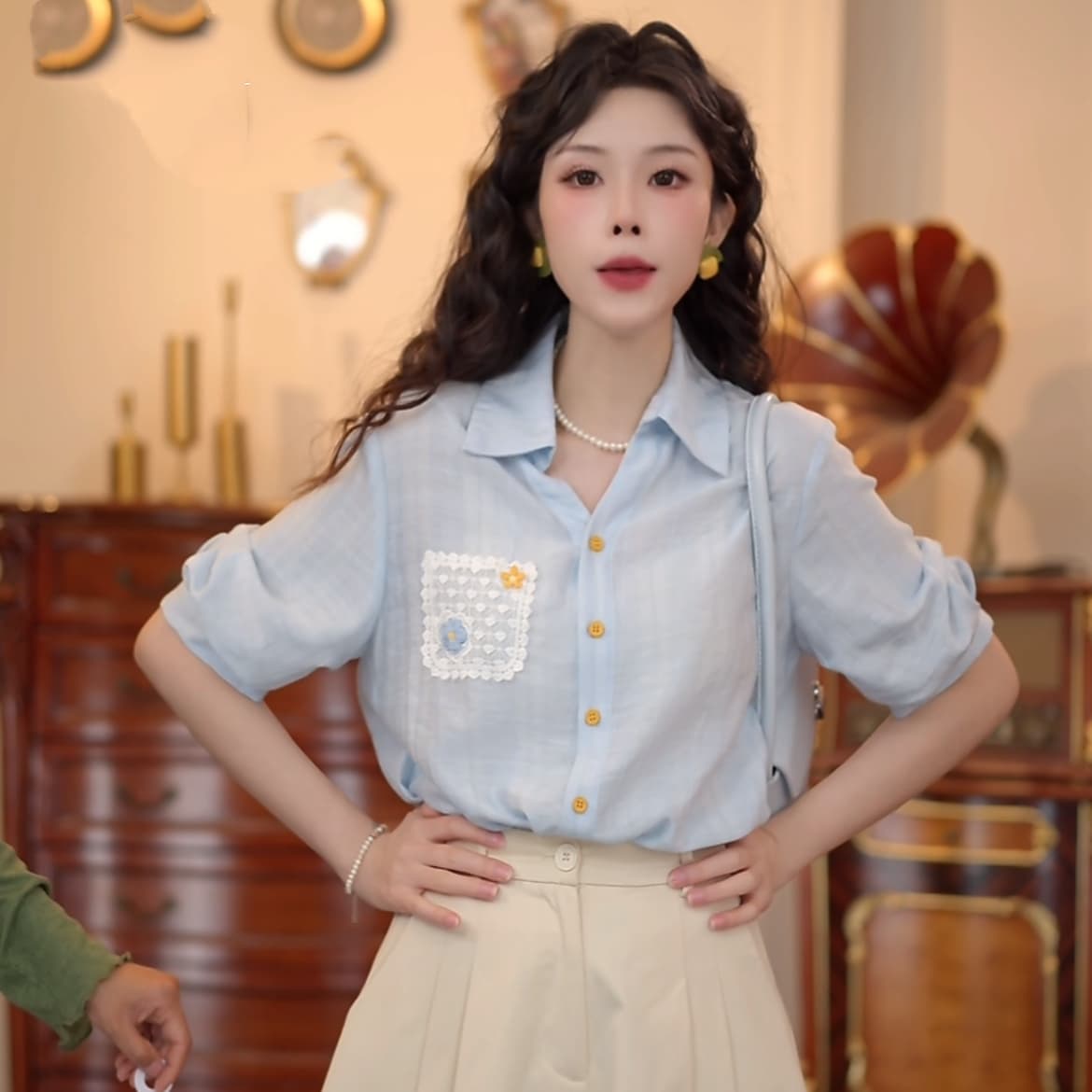 2 색 바다 폼 첫 키스 레트로 항구 바람 패치워크 품격 맨위 반팔 다용도 셔츠 반바지 이미지 2